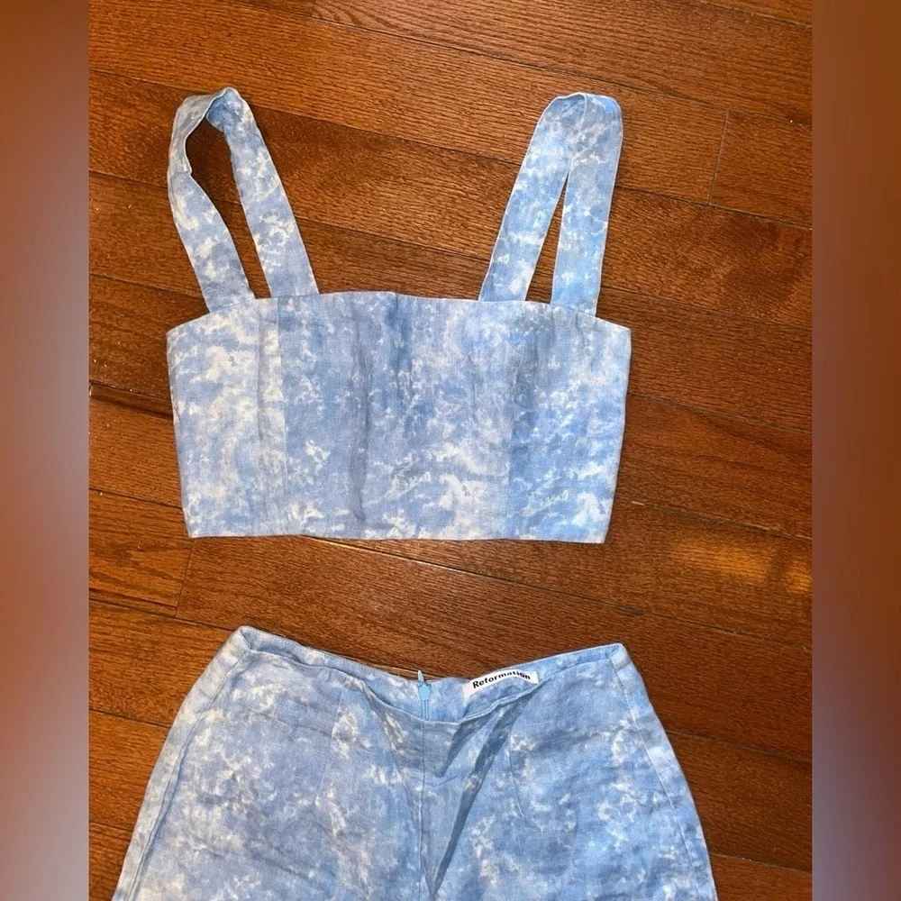 New! Reformation Mara 2–Piece Set Tie Dye Linen Cropped Top & Wide Leg 🩵 size 4